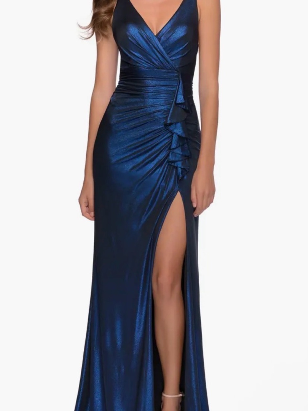 La Femme Gorgeous Metallic Jersey Gown with Ruffle Detail sz 10
